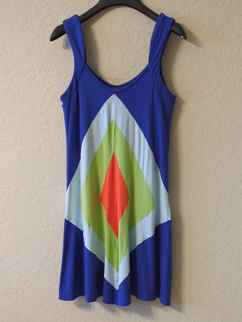 Sleeveless Blue Mini Dress with Colorblock Diamond